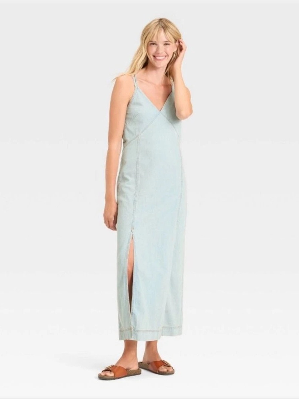 wild fable Light Blue denim V-Neck Maxi Dress with Side Slit NWT
